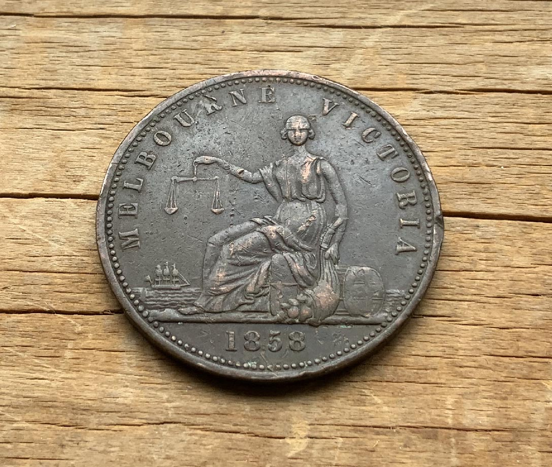 1858 Melbourne Australia Peace & Plenty token penny coin C3726